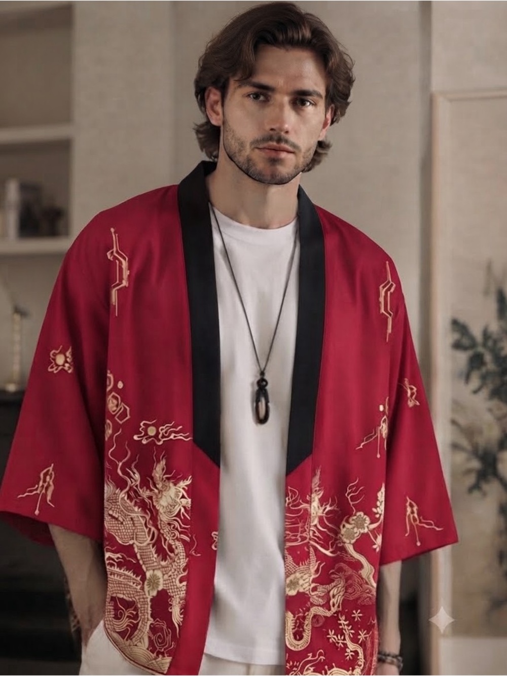 Men's Red Dragon Print Kimono Jacket with Black Trim L
